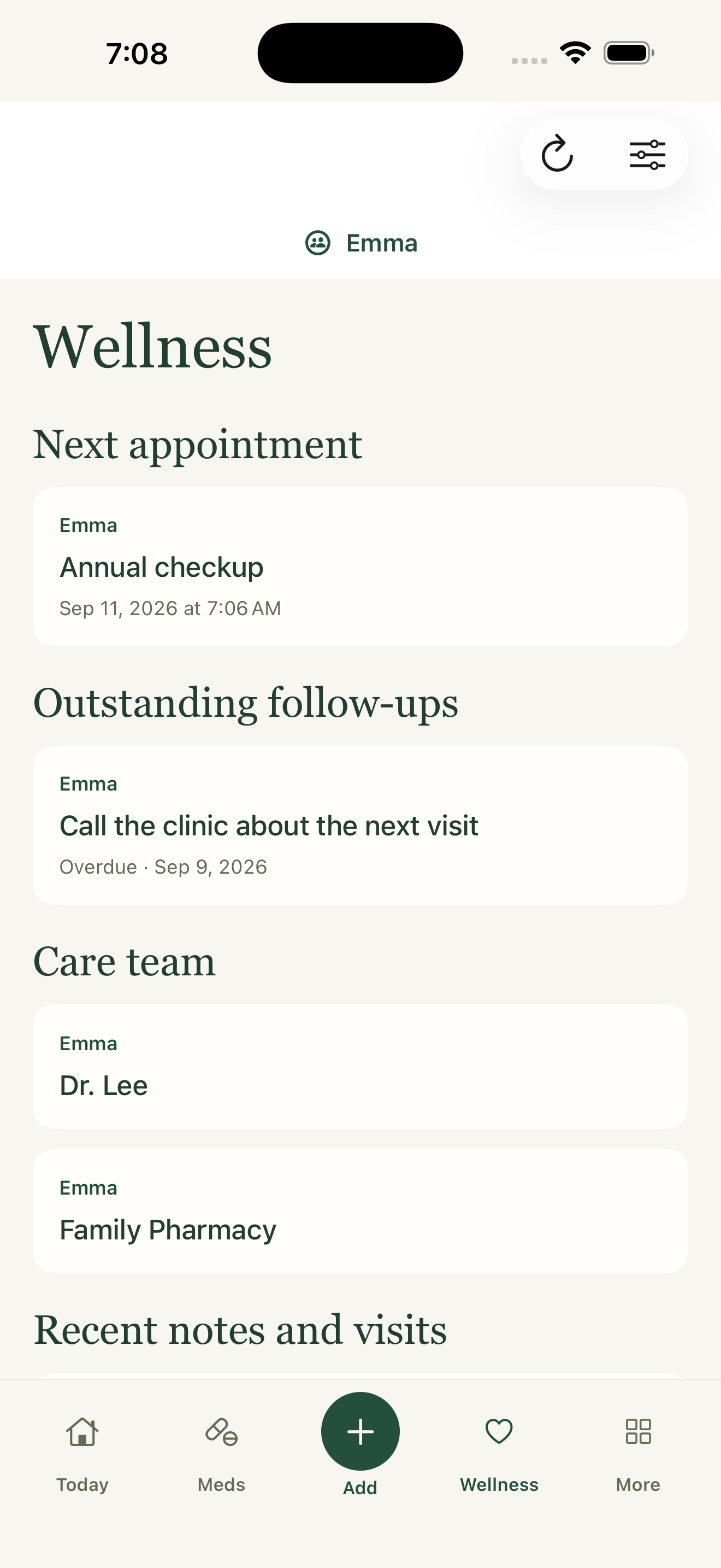 Emma’s care overview showing an upcoming appointment, a follow-up task, Dr. Lee, and Family Pharmacy